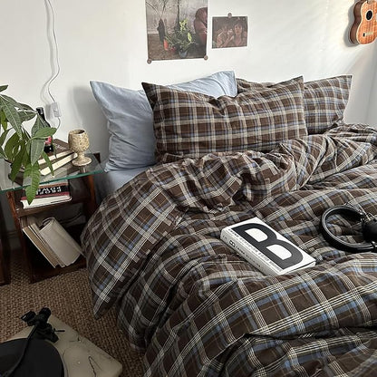 mixinni Vintage Blue & Brown Buffalo Plaid Comforter Set Queen Size - 3-Piece Washed Cotton Soft Geometric Checkered Pattern Bedding Set for All-Seasons Lightweight & Breathable-Queen Size