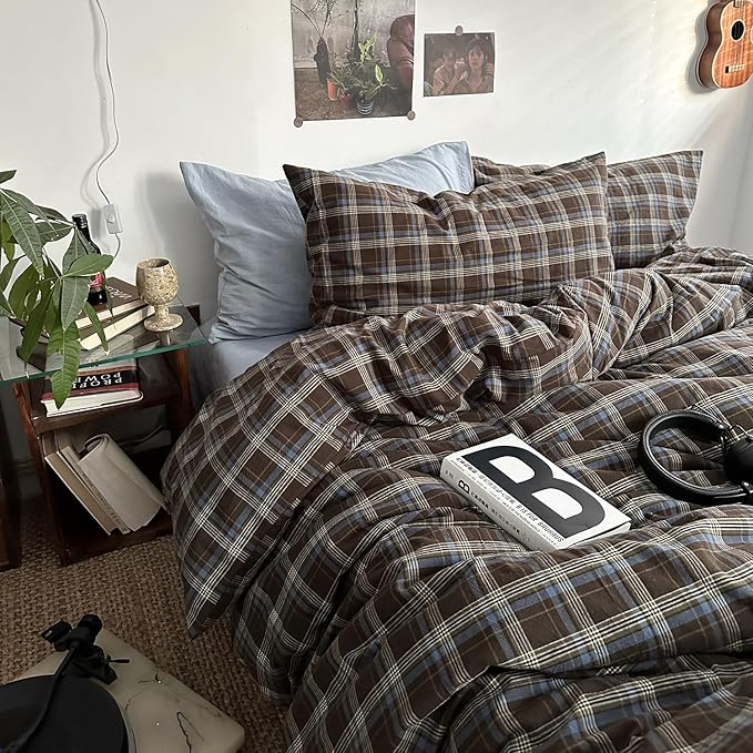 mixinni Vintage Blue & Brown Buffalo Plaid Comforter Set Full Size - 3-Piece Washed Cotton Soft Geometric Checkered Pattern Bedding Set for All-Seasons Lightweight & Breathable-Full Size