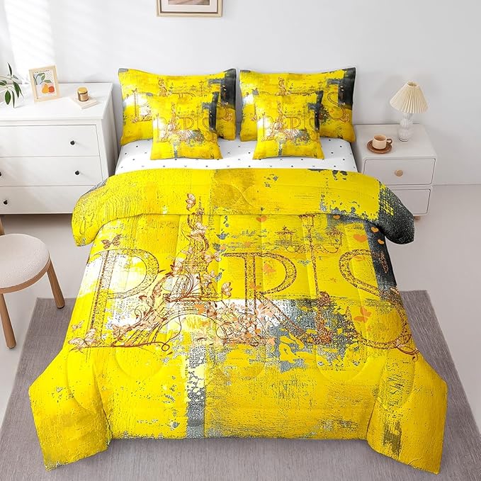 Erosebridal French Paris King Comforter Set 7pcs Romantic Eiffel Tower Bed in a Bag, Yellow Gradient Bedding Comforter Sets Retro Grunge Bedding Set with Fitted Sheet, Flat Sheet and Pillowcases