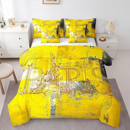 Erosebridal French Paris Full Comforter Set 7pcs Romantic Eiffel Tower Bed in a Bag, Yellow Gradient Bedding Comforter Sets Retro Grunge Bedding Set with Fitted Sheet, Flat Sheet and Pillowcases