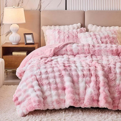 Twin Faux Rabbit Fur Comforter Set - 3 Pieces Fluffy Bedding Set Ultra Soft Warm Shaggy Plush Winter Flannel Bedding Set for Girls Women, Skin Friendly Sherpa Comforter Bed Set & 2 Pillow Shams Pink