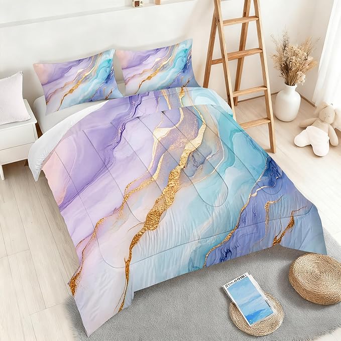 Watercolor Marble Comforter Set Twin Size, Colorful Bedding Set for Girls Boys Kisd Women, Purple Pink Blue Gold Bedroom Decor, Soft Microfiber Bed Set with 1 Comforter + 1 Pillowcase