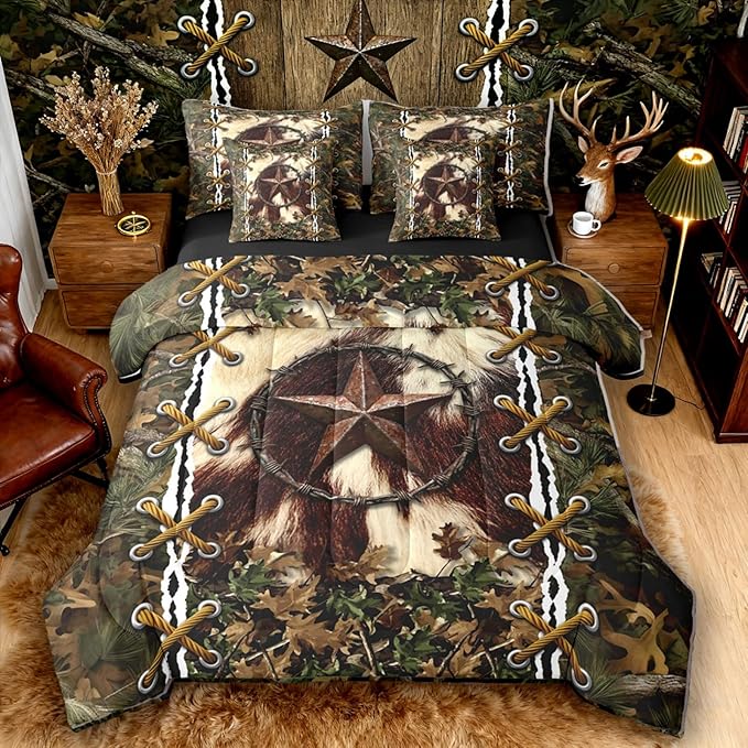 Erosebridal Cabin Queen Comforter Set with Sheets | Western Texas Star Cowhide 7-Piece Bedding Set Mens Camouflage Bed in a Bag, Woodland Animals Bed Sets,Camo Rustic Farmhouse Decor Camo Bed Set