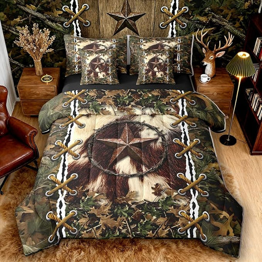 Cabin Full Size Bed Sheets and Comforter Set | Western Texas Star Cowhide 7-Piece Bedding Set Mens Camouflage Bed in a Bag, Woodland Animals Bed Sets,Camo Rustic Farmhouse Decor Camo Bed Set