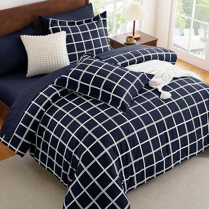 CozyLux King Size Comforter Set Navy Blue - 7 Pieces Plaid Bed in a Bag Set, Soft Bed Set King Bedding Sets with All Season Quilted Comforter, Flat Sheet, Fitted Sheet, Pillowcases & Pillow Shams