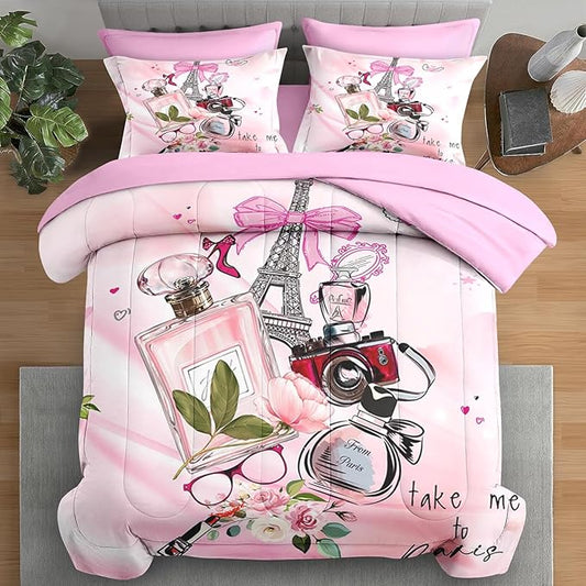 7 Pcs Comforter Set Queen Size, Paris Teen Girls Pink Bedding for Kids and Adults, Cute Makeup Perfume Bed Sheet Sets with Fitted Sheet 2 Pillowcases & 2 Shams for Bedroom Bed Decor