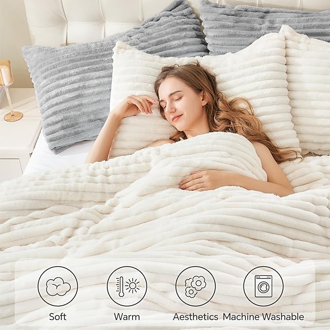 BEDELITE Fleece Twin Comforter Set -Super Soft & Warm Fluffy Cream White Bedding, Luxury Fuzzy Heavy Bed Set for Winter with 1 Pillow case