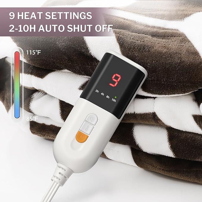 VENTIMI Electric Blanket Heated Throw, 62" x 84" Heated Blanket with 9 Heat Levels & 2 to 10 Hours Auto Off, Fast Heating Blankets with ETL & FCC Certification, Coffee