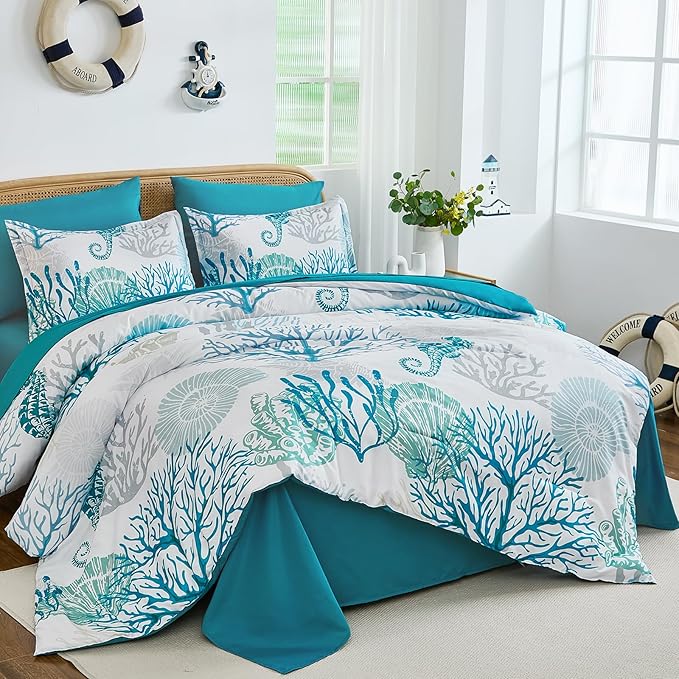 WONGS BEDDING Coastal Comforter Set King, Beach Themed Comforter,7 Pieces Ocean Nautical Seaweed & Starfish Bed in a Bag (104"×90")