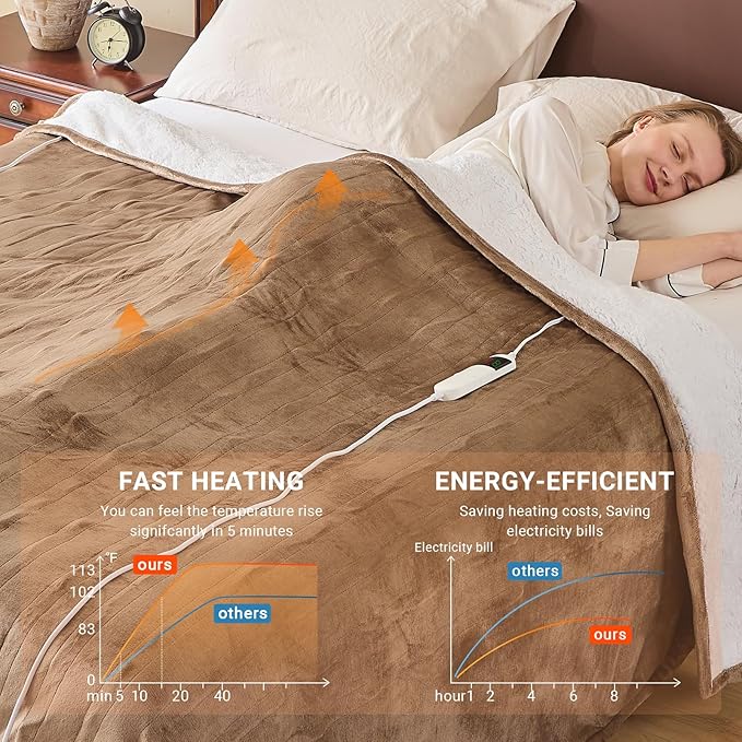 Electric Heated Blanket Queen Size 84''x90'' Soft Flannel & Sherpa Electric Blanket with 10 Heating Levels, Automatically Shut Down After 8h with Overheat Protection Machine Washable