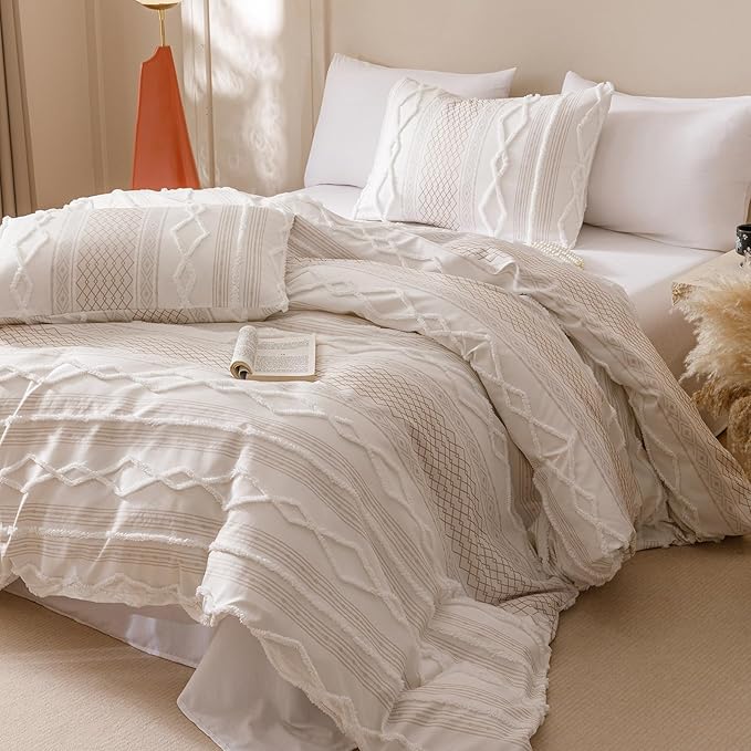 CLOTHKNOW Ivory Bohemian Queen Comforter Set 3Pcs Farmhouse Bedding Comforter Sets Jacquard Stripes Comforter White Khaki Comforters