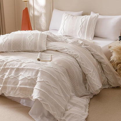 CLOTHKNOW Ivory Bohemian King Size Comforter Set Farmhouse Bedding Comforter Sets Clipped Jacquard Stripes Comforter White Khaki Comforter Soft