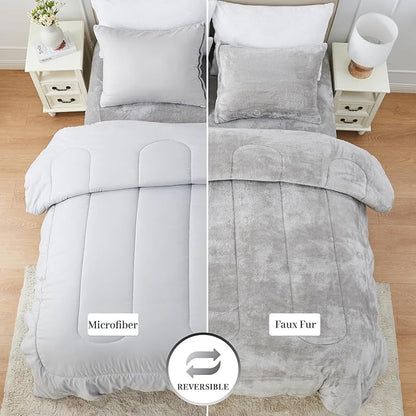 YIYEA Faux Fur Comforter Set Queen Size with Fitted Sheet, Luxury Ultra Soft Fuzzy Comforter, Fluffy Plush Velvet Bedding Comforter Sets for Fall Winter, Cozy Warmth, No Shedding, 4PC, Grey