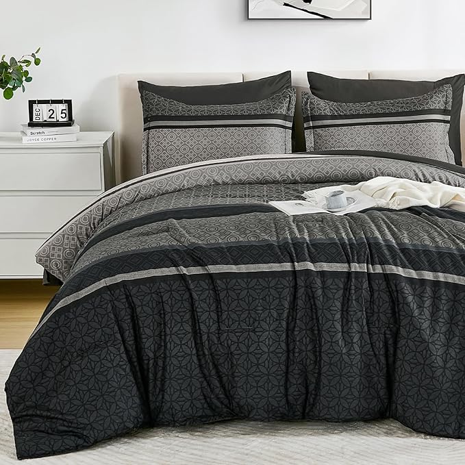 WONGS BEDDING Twin Comforter Set 6 Pieces, Black Grey Striped Bed in a Bag Comforter and Sheet Set, Soft Lightweight Micorfiber Bedding Set All Season for Kids Boys Teen (90"×90")