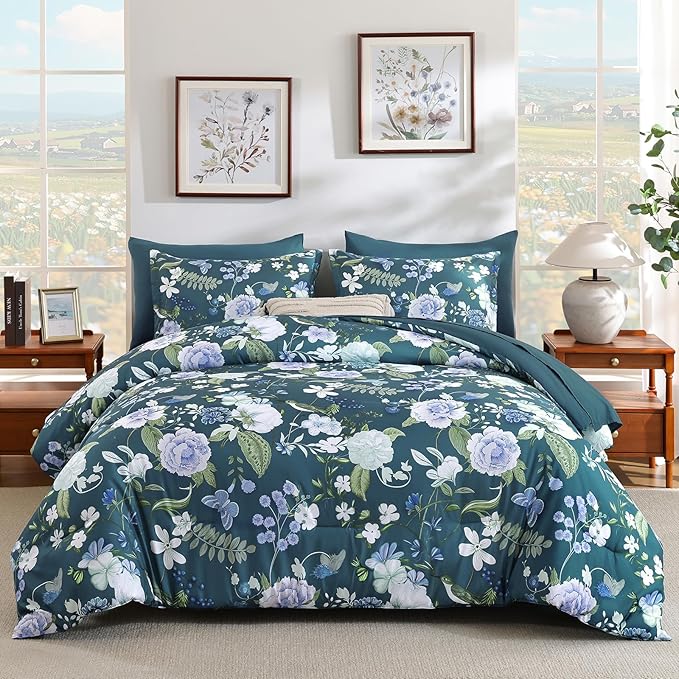 Anibedding 7Pieces Floral King Size Comforter Set, Garden Plant Flower Style Bed in a Bag Blue Bedding Comforter Set with Pillow Case for Bedroom