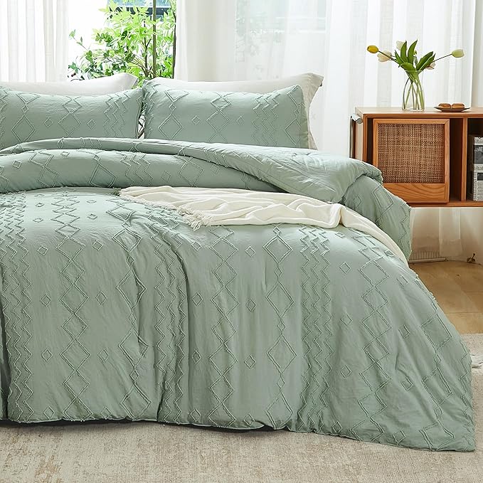 Andency Sage Green Tufted Comforter Set King(104x90Inch), 3 Pieces(1 Tufts Comforter, 2 Pillowcases) Boho Textured Farmhouse Bed, Microfiber Down Alternative Geometric Bedding Set