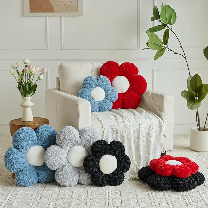Flower Pillows, Decorative Throw Pillow with Soft Plush for Couch, Flower Shaped Pillow Home Decor Daisy Pillow for Bed (Red, 14.9 Inches)