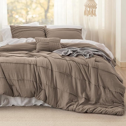 Bedsure Twin Comforter Set - 3 Pieces Pinch Pleat Bed Set, Brown Boho Bedding for All Season, 1 Soft Comforter, 1 Pillowcase, 1 Decorative Pillow
