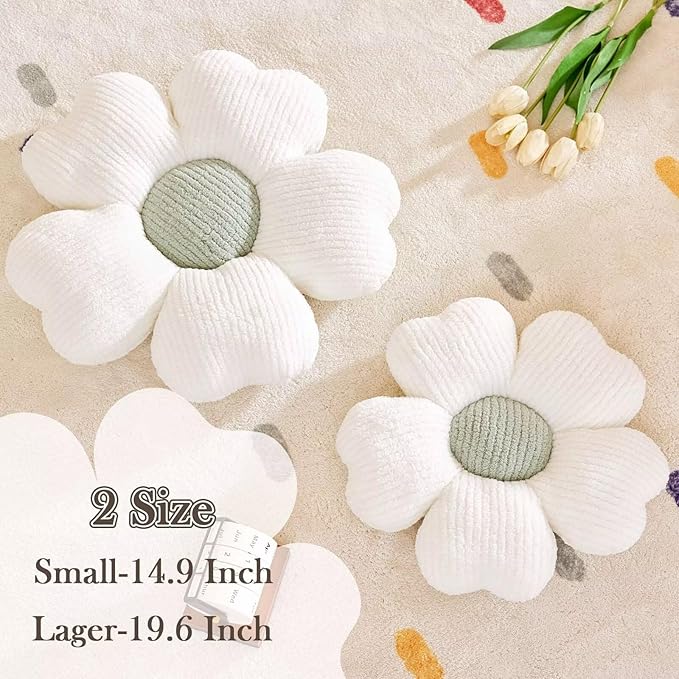 Flower Throw Pillow, Cute Flower Shaped Pillow Decorative Throw Pillow for Bed Couch, Soft Daisy Pillows Floor Seating Cushion Cushions (14.9 Inch White+Green)