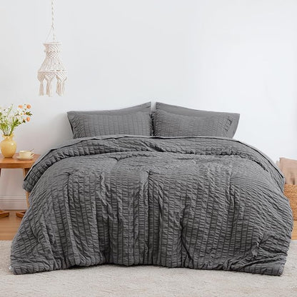 Love's cabin Seersucker Dark Grey Twin XL Comforter Set, 5-Piece All Season Lightweight Bed in a Bag Bedding Set with Comforter, Flat Sheet, Fitted Sheet, Pillowcase and Sham | Soft, Breathable, Lightweight