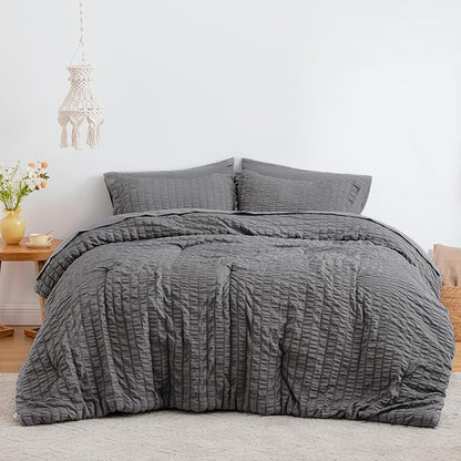 Love's cabin Seersucker Dark Grey Full Comforter Set, 7-Piece All Season Lightweight Bed in a Bag Bedding Set with Comforter, Flat Sheet, Fitted Sheet, Pillowcases and Shams | Soft, Breathable, Lightweight