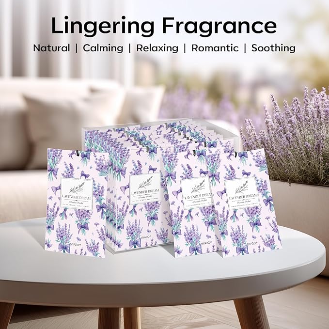 MYARO 20 Pack Lavender Scented Sachets - Drawer & Closet Air Freshener Bags, Natural Odor Eliminator for Car, Home, Bedroom, Office & Travel