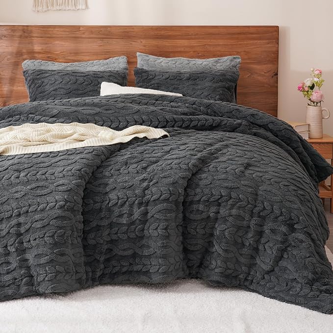 PHF Fluffy Sherpa Fleece Twin Comforter Set, 2 Pieces Warm Fuzzy Soft Bedding for Winter, 3D Tufted Flannel Plush Shaggy Bed Set, 1 Comforter (68"x90") and 1 Pillowcase (20"x26"), Dark Grey