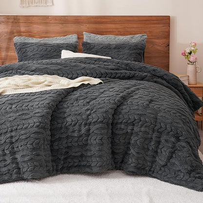 PHF Fluffy Sherpa Fleece Twin Comforter Set, 2 Pieces Warm Fuzzy Soft Bedding for Winter, 3D Tufted Flannel Plush Shaggy Bed Set, 1 Comforter (68"x90") and 1 Pillowcase (20"x26"), Dark Grey