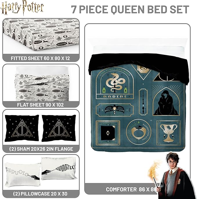 Jay Franco Kids Comforter Set Includes Sheets and Pillow Covers - Soft and Cozy Bed Set for Stylish Room Decor, Blue - Harry Potter, 7 Piece Queen Size Bedding