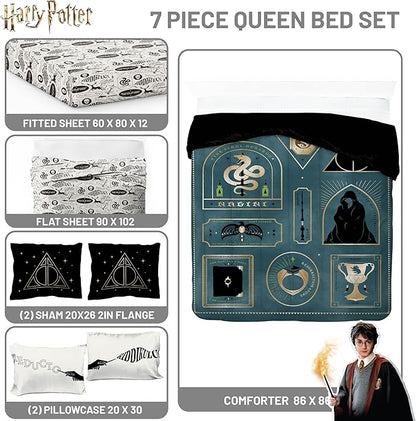 Jay Franco Kids Comforter Set Includes Sheets and Pillow Covers - Soft and Cozy Bed Set for Stylish Room Decor, Blue - Harry Potter, 7 Piece Queen Size Bedding