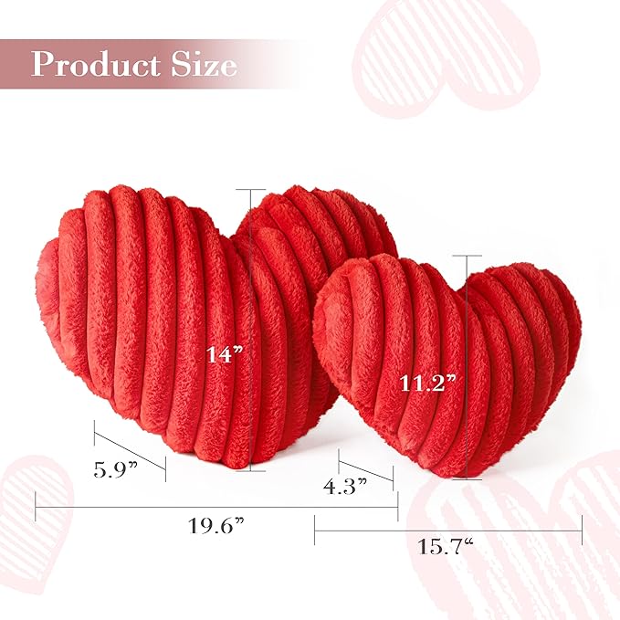 AELS Heart Shaped Pillow, Set of 2, Heart Decorative Throw Pillows, Faux Fur Love Pillows, Cute Valentines Day Decorations, Wedding Decor, Living Room Bedroom Nursery Decor, Red, L & M