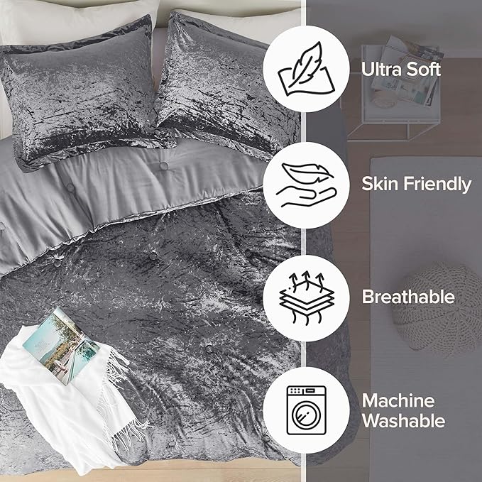 Comfort Spaces Juliette Luxe Comforter Set Velvet Lush with Soft Brushed Microfiber Reverse, All Season Cozy Velvet Bedding Sets, Fluffy Comforter Bed Set, Matching Sham, Grey Twin/Twin XL 2 Piece