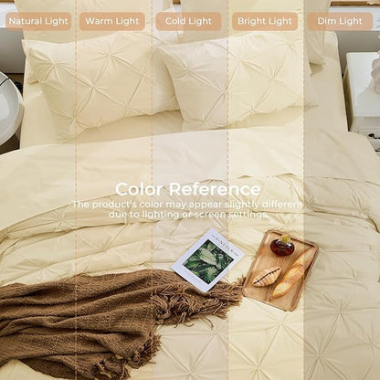 Sasttie Queen Comforter Set, 7-Piece Bed in a Bag, Pintuck Bedding Sets for All Season, Includes Comforter, Flat Sheet, Fitted Sheet, Pillowcases and Pillowshams, Pale Yellow