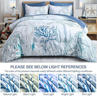 Comforter Set King Size Coastal, Seaweed & Turtle Comforters 7 Pieces Ocean Coral Bed in a Bag Nautical Bedding with Sheets for Spring Summer Decor