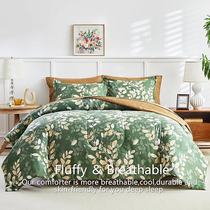 AIKASY 6-Piece Comforter Set Bed in a Bag, Twin Size, Green Leaf Pattern - Bedding Set with Comforter, Pillow Shams, Fitted Sheet, and Pillowcases - Soft and Cozy All-Season Bedding (Green)
