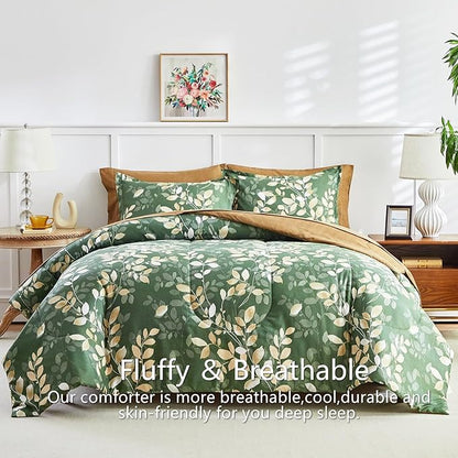 AIKASY 6-Piece Comforter Set Bed in a Bag, Twin Size, Green Leaf Pattern - Bedding Set with Comforter, Pillow Shams, Fitted Sheet, and Pillowcases - Soft and Cozy All-Season Bedding (Green)