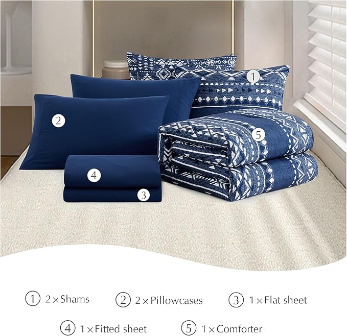 Geniospin Queen Comforter Set - 7 Pieces Comforters Queen Size, Warm Fluffy Boho Bedding Sets for All Seasons, Bed in a Bag with Flat Sheet and Fitted Sheet, Pillowcase & Sham (Blue, 90''x90'')