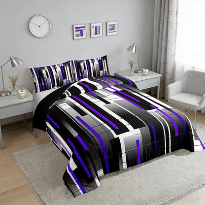 Castle Fairy Black Purple King Size Comforter Set,Kids Abstract Stripes Decor All Season Bedding Set,Teens Modern Simple Comforter,Square Grid Decor Quilt Set Bedroom Collection 3Pcs