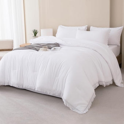 Andency Queen Comforter Set with Sheets White -7 Pieces Boho Tassel Bed in a Bag Soft Lightweight Bedding Sets, All Season Fringe Bed Set with Comforter, Sheets, Pillowcases & Shams