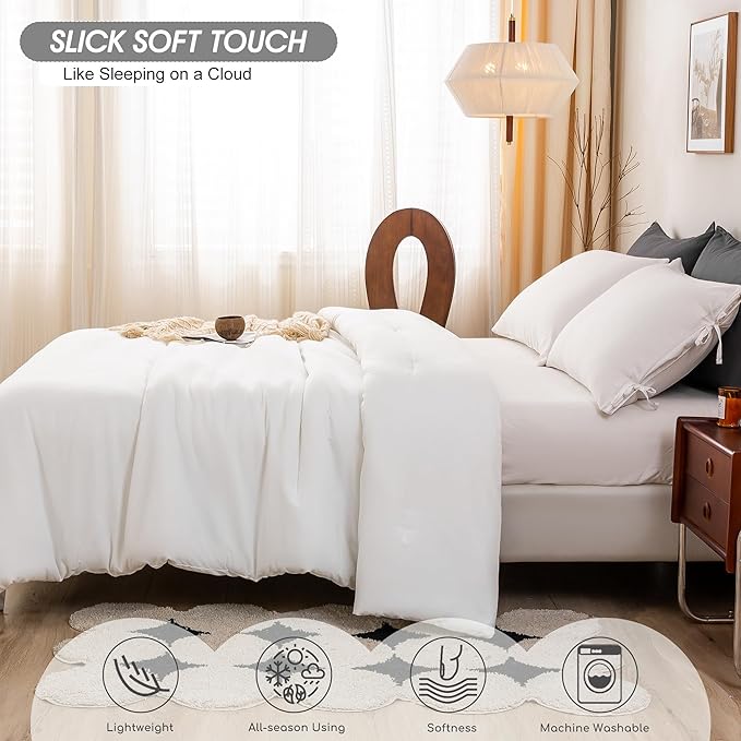 Ultra-Soft White Comforter Queen Size Bed - Comfy Cozy Washed Polycotton - Comfort Fluffy Bedding Blanket Down Alternative Comforter Set with Pillowcase - Lightweight but Warm All Season