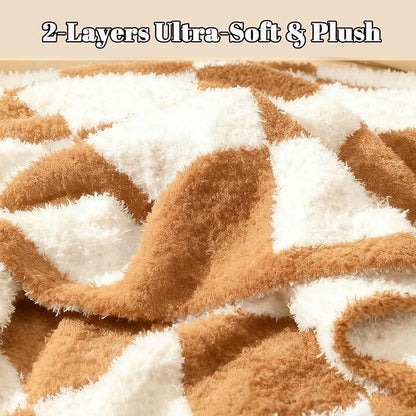 MorroMorn Checkered Throw Blanket for Couch, 2-Layers Soft Cozy Fleece Plaid Blankets Checkerboard Grid - Fluffy Fuzzy Plush Warm for Sofa Chair Bed Fall Home Decor Gifts (Camel, Throw 50"x60")
