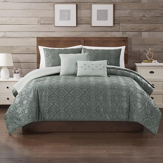 Modern Threads 5-Piece Jacquard Comforter Set, Samson King in Ivy Green – Elegant Comforter, 2 Pillow Shams, and 2 Decorative Pillows