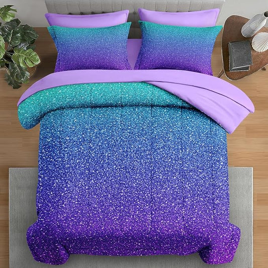 Comforter Set Queen Size, Colorful Girls Ombre Purple Glitter 7 Pcs Bedding for Kids and Adults, Neon Blue Teal Bed Sheet Sets with Fitted Sheet 2 Pillowcases & 2 Shams for Bedroom Bed Decor