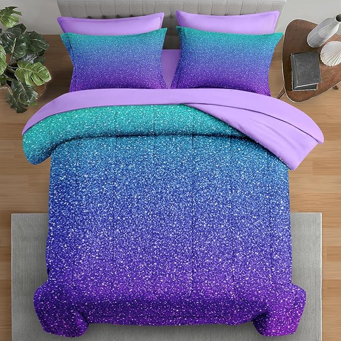 Comforter Set King Size, Colorful Girls Ombre Purple Glitter 7 Pcs Bedding for Kids and Adults, Neon Blue Teal Bed Sheet Sets with Fitted Sheet 2 Pillowcases & 2 Shams for Bedroom Bed Decor