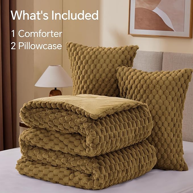 BEDELITE Fluffy King Size Comforter Set - Brown Fleece Soft Comforter for King Size Bed, Luxury Warm Bedding Set for Winter, Fuzzy Bed Set 3 Pieces (1 Comforter, 2 Pillowcases)