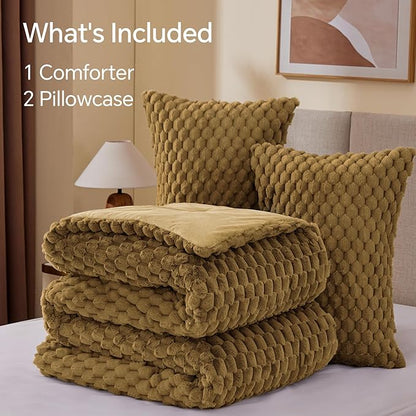 BEDELITE Fluffy King Size Comforter Set - Brown Fleece Soft Comforter for King Size Bed, Luxury Warm Bedding Set for Winter, Fuzzy Bed Set 3 Pieces (1 Comforter, 2 Pillowcases)