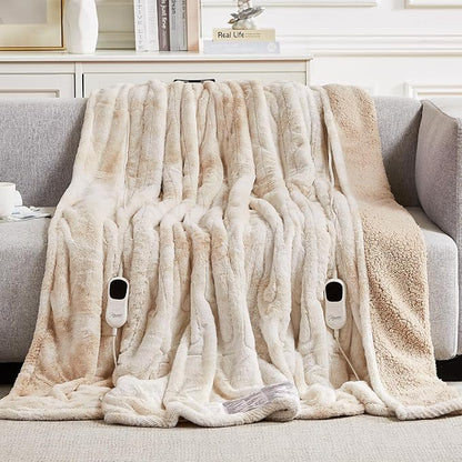 Homemate Electric Heated Blanket Queen Size - 84"x90" Heating Blanket Queen Size Dual Control 1/2/4/6/8 Hours Auto-Off 10 Heat Level Over-Heat Protection Luxury Faux Fur Sherpa ETL Certification