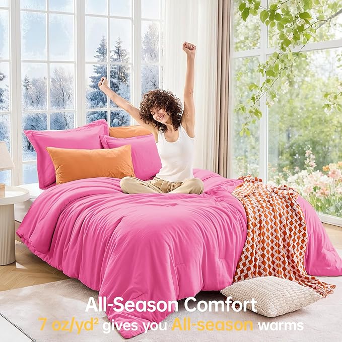 MUXHOMO Full Comforter Sets, All Season Ultra Soft Down Alternative Bedding - 3 Piece Lightweight Bed Set Includes 1 Comforter (82"x86") and 2 Pillow Shams (20"x26"), Hot Pink