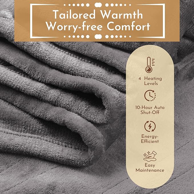 Electric Heated Blanket 50"x60" Throw Size Flannel Heated Blanket, Cozy & Warm for All Night, 5 Heat Settings & 3 Hours Auto Off, Machine Washable, Light Grey