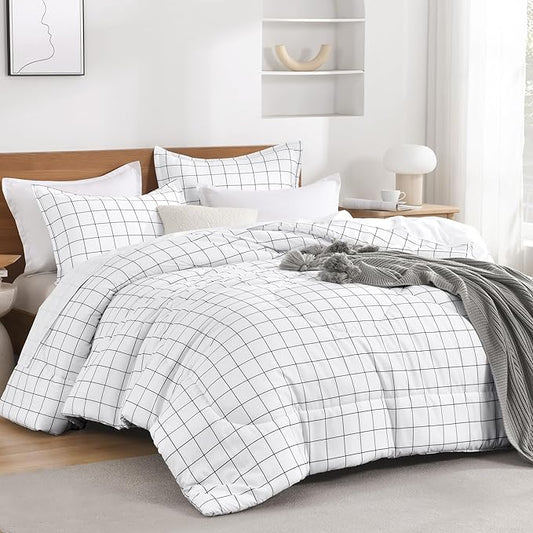 Andency King Size Comforter Set White Gingham, Plaid Grid Checkered Bedding Comforter Set for King Size Bed, 3 Pieces Lightweight Reversible Modern Geometric Bedding Set(104x90 Inch)
